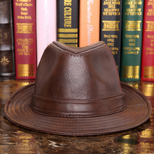 Male 100% Genuine Leather Jazz Hat Adult Fedoras Hat Male Sheepskin Fedoras Cap Men's Wide Brim Leather Cowboy Hat B-7284 2024 - buy cheap