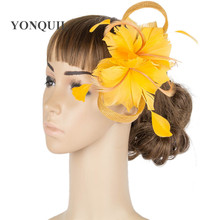 Women Sinamay Fancy Fascinator Yellow Headwear Wedding Mesh Feather Flower Party Show Lady Hair Accessories Headbands MYQ067 2024 - buy cheap