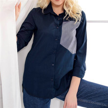 Rebeca de retazos azul oscuro blusa de mujer suelta cuello vuelto ropa de mujer primavera camisa Casual talla grande Blusas femeninas 2024 - compra barato