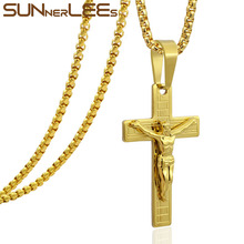 Sunnerhd colar com pingente de cruz jesus, colar de aço inoxidável com corrente, banhado a ouro, masculino sp213 2024 - compre barato