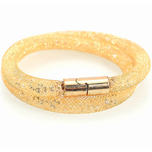 Pulseira luxuosa de cristal duplo, bracelete magnético de cristal strass, pulseira com berloque de malha de latão 2024 - compre barato