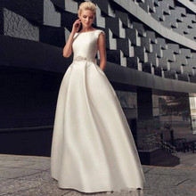 Simple Satin Wedding Dresses Scoop Crystal Beaded Bow Sash Backless Wedding Dress Floor Length Bridal Gowns Long Custom Size 2024 - buy cheap
