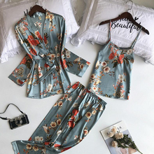 3 pçs pijamas femininos conjuntos com calças sexy pijama cetim flor impressão casa roupas de dormir de seda pijamas 2024 - compre barato