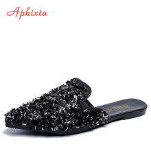 Aphixta sandálias femininas de cristal, chinelos femininos, sapatos baixos, com brilho, para verão 2024 - compre barato