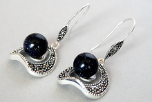 Free shipping VINTAGE 925 SILVER 10MM BLUE SAND STONE BEADS MARCASITE HOOK EARRINGS 11/2" 2024 - buy cheap
