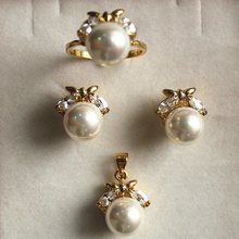 Conjunto de jóias de fantasia 10mm branco shell pérola, anel, pingente & do parafuso prisioneiro brinco 2024 - compre barato