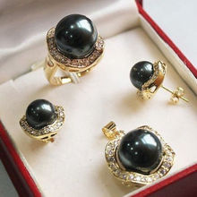 Free shipping New style Natural noble jewelry>>>>Gorgeous Black Shell Pearl Necklace Earrings Ring Sets+ Free Chain 2024 - buy cheap
