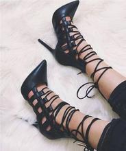 Carpaton Pointed Toe High Heel Shoes Sexy Leather Lace-up Woman Pumps 2019 Thin Heels Gladiator Stiletto Heels Black 2024 - buy cheap