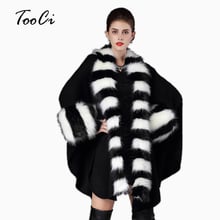 Nova moda primavera elegante casaco de pele falsa quente feminino preto solto poncho coak longo de malha cardigan casaco de gola de pele falsa 2024 - compre barato