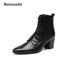 Batzuzhi Cowboy Boots Men High Heels 6.8cm Black Soft Leather Ankle Boots Thick Heels Men Shoes Zapatos Hombre Lace Up Man Boots 2024 - buy cheap