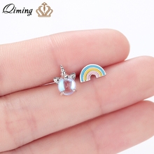 QIMING Unicorn Rainbow Stud Earrings Baby Kids Children Jewelry Asymmetry fashion Stone Animal Fashion Cute Earrings Women Gift 2024 - buy cheap