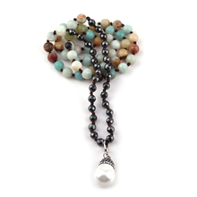 MOODPC Fashion Natural Amazonite Stone Knotted Hematite beads Pearl Pave Pendant Necklaces Women Ethnic Necklace 2024 - buy cheap