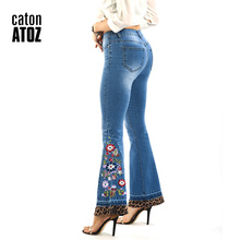 catonATOZ 2227 Women`s Fashion High Waist Jeans Embroidery  Stretchy Flare Pants Patchwork Leopard Print Denim Trousers 2024 - buy cheap