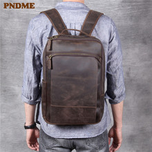 PNDME vintage simple crazy horse cowhide genuine leather men's women's backpack large capacity laptop bagpack travel bookbags 2024 - buy cheap