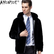 Ayunsure-abrigo de piel auténtica para hombre, chaqueta con capucha de oveja vaporosa de lana Natural, Cuello de piel de visón, S14D315 KJ863, Otoño e Invierno 2024 - compra barato