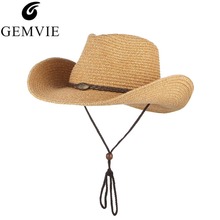 GEMVIE Western Cowboy Sun Hat Wind Lanyard For Men Women Wide Brim Straw Hat Beach Cap Panama Fishing Fisherman Cap Summer Hats 2024 - buy cheap