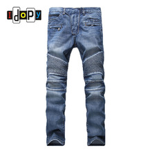 Idopy Fashion Brand Designer Ripped Biker Pants Men Distressed Moto Denim Joggers Washed Pleated Jean Trousers Black Blue 2024 - buy cheap