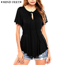 MIND FEET Women T Shirts Female Elastic Waist Knitted 2018 Summer Casual Soft Fashion O-neck Short Sleeve Bandage Lady Tops 2024 - buy cheap