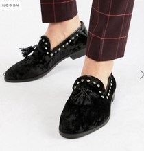 Sapatos de salto baixo masculinos, calçados de veludo tipo mocassim com franjas e pontas na moda para casamento, preto, casual, 2019 2024 - compre barato