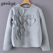 Doce de Pêssego-Apliques coração Hoodies Mulheres O Pescoço de Manga Comprida Cinza Pullover Camisola Plus Size Casual sudadera mujer YD8628 2024 - compre barato