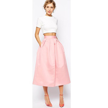 Graceful Blush Pink Satin Skirts 2017 -2018 With Pockets A-line Chic Invisible Zipper Waist Pleated Tea Length Skirt For Women 2024 - buy cheap