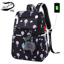 Женский рюкзак с принтом Fengdong, черный школьный рюкзак с USB для девочек-подростков, модная сумка для ноутбука 2024 - купить недорого