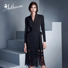Black Notched Long Sleeve Womens Dress Office Ladies Elegant Vintage Spring Suit Dresses Sexy Party Long Lace Straight Dress 2024 - buy cheap