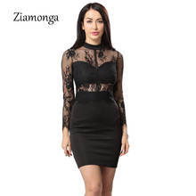Ziamonga Black Women Sexy Floral Lace Dress Long Sleeve Zipper Front Hollow Out Bodycon Bandage Dress Vintage Mini Pencil Dress 2024 - buy cheap