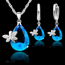 925 Sterling Silver Elegant Blue Water Drop Shape Cubic Zirconia With Butterfly Jewelry Sets For Women Wedding Jewelry 2024 - buy cheap