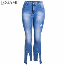 LOGAMI Beading Skinny Jeans Woman Split Ripped Calf-Length Denim Pants Women Spring Summer Casual Jeans New 2019 2024 - buy cheap