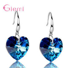 Pendientes de corazón de cristal austriaco azul brillante para mujer, de Plata de Ley 925, aretes colgantes, joyería de boda elegante 2024 - compra barato