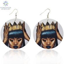 SOMESOOR Both Sides Printing African Queen Wooden Drop Earrings AFRO Crown Natural Hair Black Dangle Jewelry For Women Gifts 2024 - buy cheap