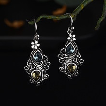 Bohemia Vintage Women Small Dangle Stone Antique Silver Plated Earrings Carved Flower Water Drop Earring Ethnic Indian Jewelry 2024 - buy cheap