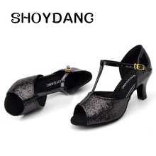 Женские туфли для танцев SHOYDANC, профессиональные туфли для бальных танцев, сальсы, танго, танго, туфли для латиноамериканских танцев с Черными Блестками, танцевальные туфли на каблуке 6-10 см 2024 - купить недорого