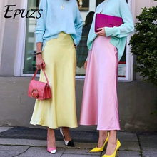 Vintage high waist skirts womens summer midi skirt Streetwear korean jupe femme casual Boho yellow satin skirt 2019 2024 - buy cheap