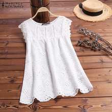 ZANZEA 2021 Summer Tanks Tops Fashion Women Sleeveless Hollow Out Shirt Lace Crochet Vest Tee Solid Casual White Top Work Blusas 2024 - buy cheap