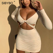Sibybo Hollow Out Pleated Mini Sexy Dress Women V-Neck Long Sleeve Knotted Autumn Bodycon Dress Beach Ladies Casual Dresses 2024 - buy cheap