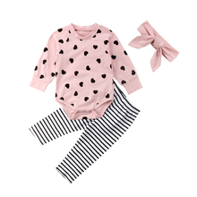 Conjunto de trajes para recién nacido de niña, mono de algodón con diseño de corazón de amor + Diadema con mallas a rayas 2024 - compra barato