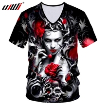 UJWI Summer Men's Funny Print 3D T-shirt Rose Skull V Neck Tshirt Man Hiphop Punk Style Outwears Tees Shirt 7XL 2024 - buy cheap