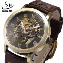 Relógio mecânico masculino steampunk, relógio retrô de couro analógico esqueleto de bronze de pulso para homens 2020 2024 - compre barato