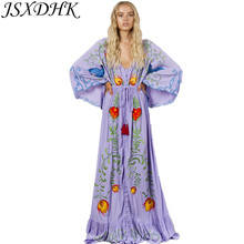 Jsxdhk vestido maxi de passarela boêmia, luxo, outono 2018, feminino, algodão, bordado, floral, manga morcego, decote em v profundo, vestidos de praia longo 2024 - compre barato