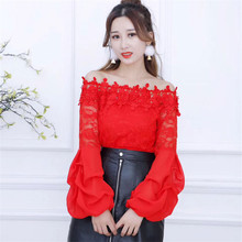 2018 Spring Summer Women Lace Blouse Sweet Floral Slash Neck Lace Shirt Female lantern Sleeve Bottoming Blouses Short Tops AB814 2024 - buy cheap