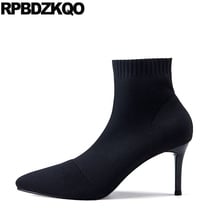 Chuteiras Preto Sapatos De Marca Luxo Mulheres Escorregar Em Estilete Malha Finas Meados Bezerro Esticam Apontado Para Cima Meia Moda Salto Alto Botas Novo Damas Novas Chineses Curto 2024 - compre barato