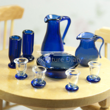 1:12 Scale Play Doll house Blue Glass 2 Pot 6 Cup 1 Dish Set Miniature Dollhouse Kitchen Furniture Accessories Toy 2024 - buy cheap