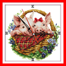 Pig in flower basket cross stitch kit 14ct 11ct count print canvas wall clock stitching embroidery DIY handmade needlework 2024 - buy cheap