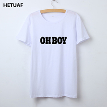 Hestuaf oh boy camiseta feminina algodão 2018 hipster ulzzang camiseta femme engraçado impresso preto branco verão tops femininos 2024 - compre barato