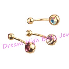 Gold Belly Rings bar Anodized Double Gem Belly Button Navel Body Piercing Jewelry Clear AB Pink 14G 316L Stainless Steel DH1118 2024 - buy cheap
