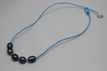 Handmade Leather Pearl Jewelry Blue Leather 5 Black 1 White Freshwater Pearl Necklace 18'' No Meatal 2024 - buy cheap