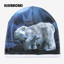 Men Winter Hat For Women Plus Velvet Warm Beanies Print Animal Polar Bear Pattern Cap Black And White Fashion Couple Hats Bone 2024 - buy cheap