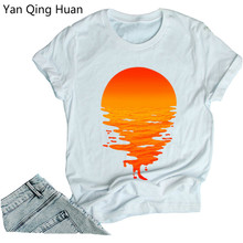 Yan Qing Huan 2019 Summer New Sunset Graffiti Pattern Tees Round Neck Cotton Tops Large Size S-5xl Short Sleeve Women's T-shirt 2024 - buy cheap